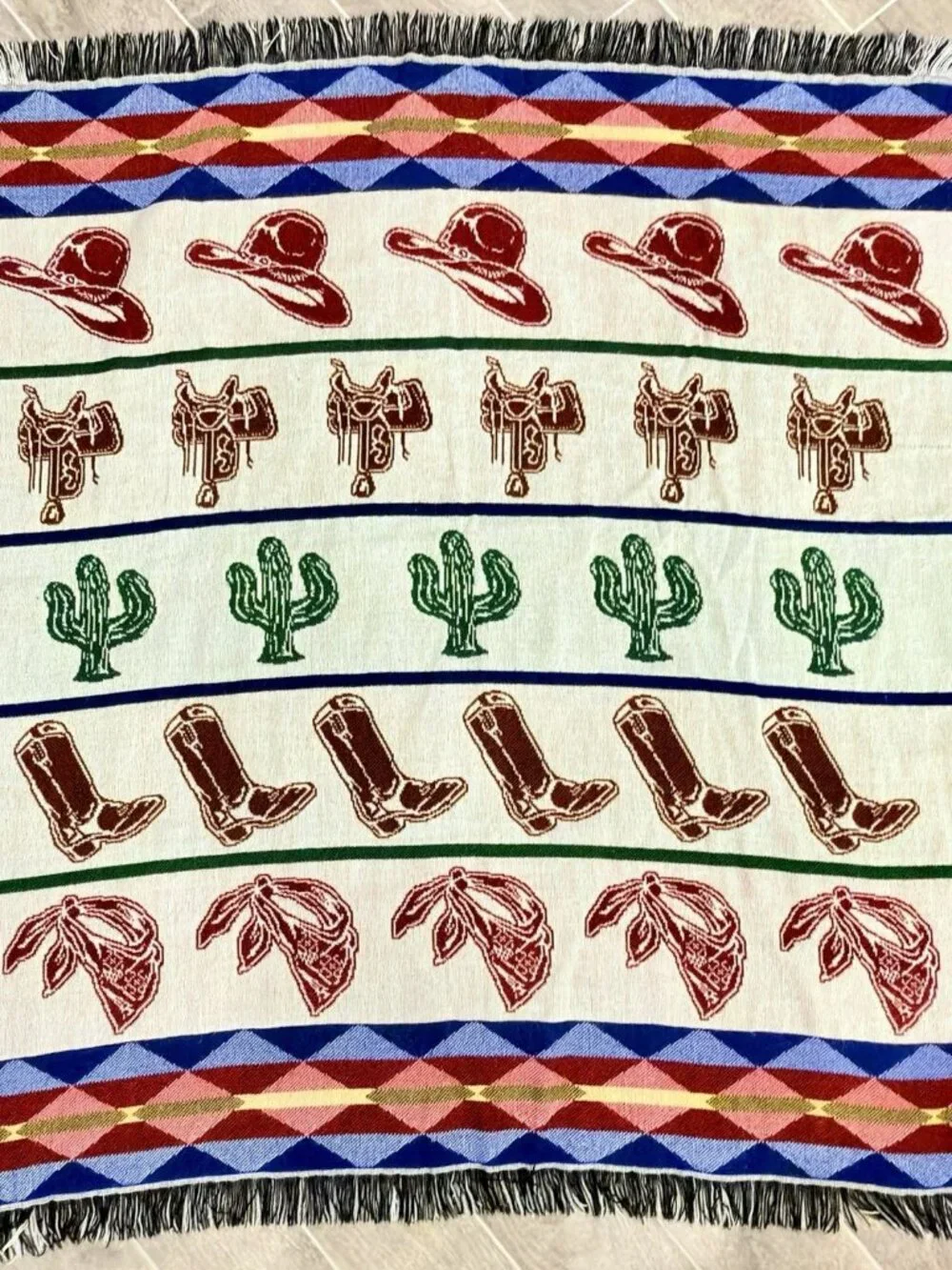 Biederlack VTG Southwestern Cowboy, Cactus Aztec Reversible Fringe Throw